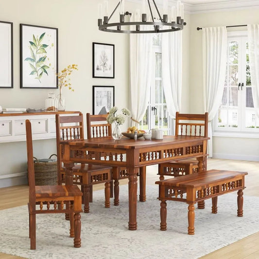 PRITI : Haines Rustic Solid Wood Dining Table Chair Bench Set