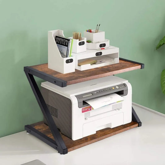 BLACK DESKTOP 2-TIER PRINTER STAND WITH MULTIPURPOSE WOOD STORAGE SHELVES