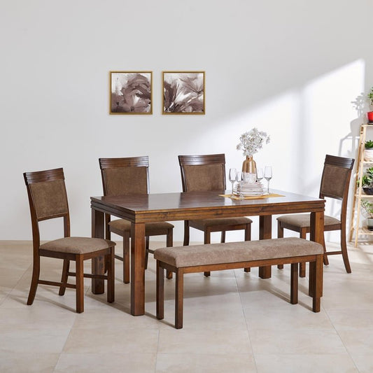 PRITI 6-Seater Dining Set with Chairs and Bench - Brown