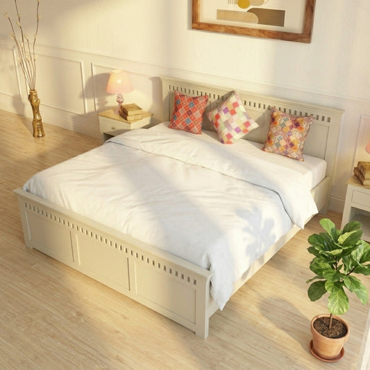 PRITI Solid Wood Queen Size Bed - Milky White