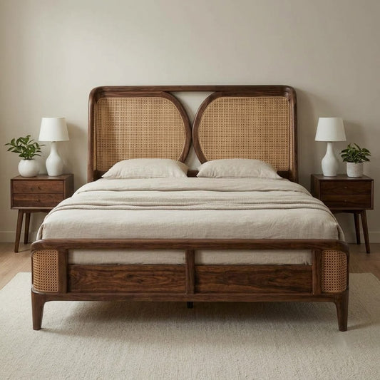 King size Sheesham wood bed with woven cane headboard design