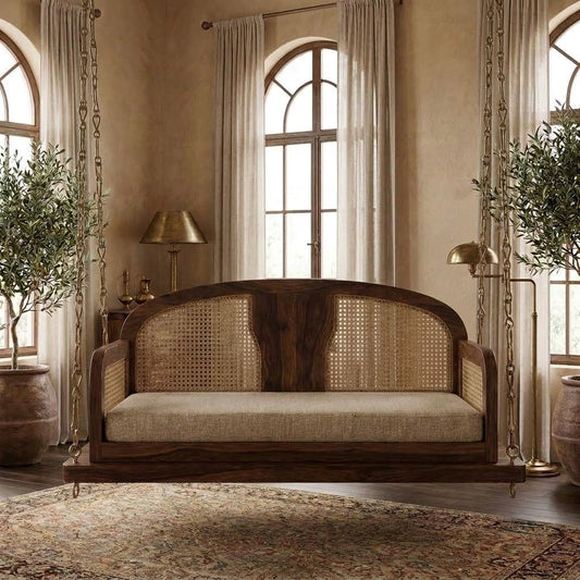 PRITI 2 seater Dark Walnut Sheesham wood swing with crème boucle seat