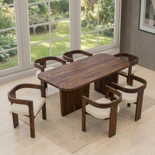 PRITI 6 Seater Dining Table Set with Boucle Chairs | Dark Walnut Sheesham Wood