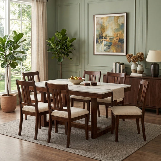 PRITI 6 Seater Solid Wood Dining Table & Chair Combo