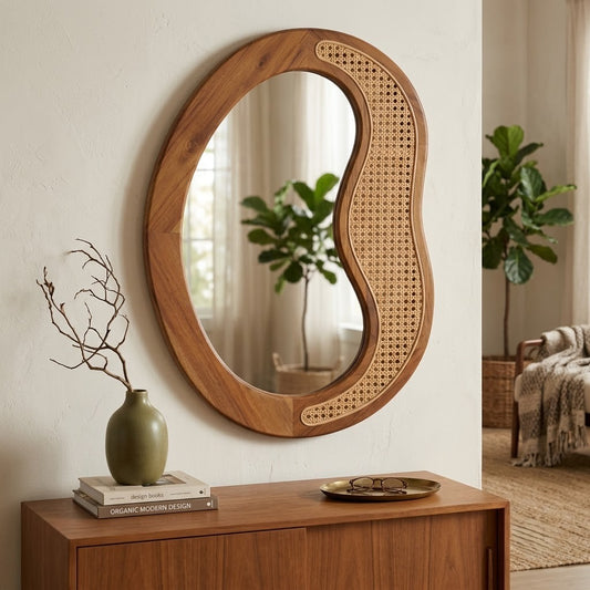PRITI Acacia wood frame wall mirror with cane detail