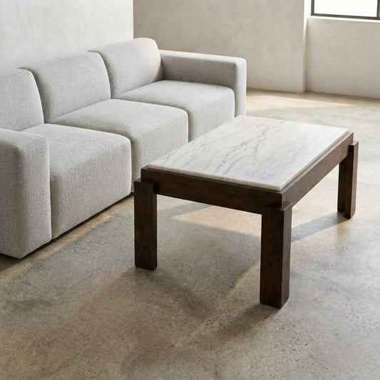 PRITI Banswara White Marble Top Coffee Table with Mango Wood Legs