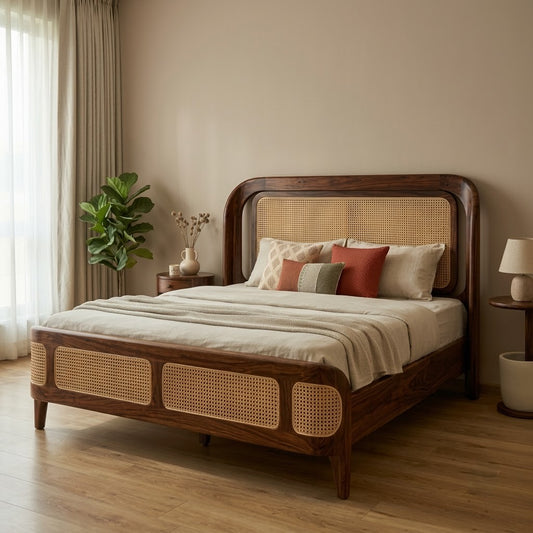 PRITI Cane Headboard King Size Bed in Sheesham Walnut
