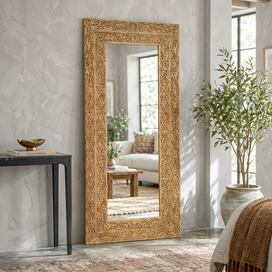 PRITI Carved Wooden Frame Mirror for Home Décor