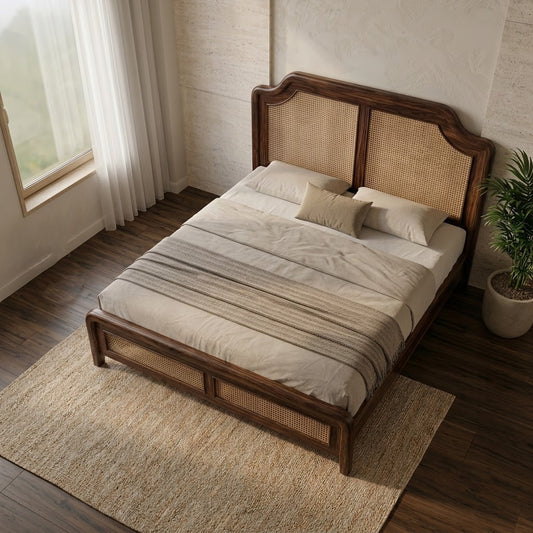 PRITI Dark Walnut Cane Headboard Bed for Master Bedroom