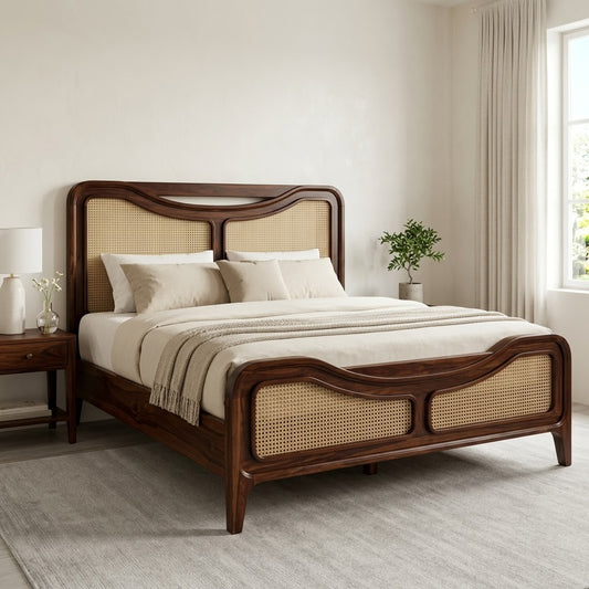 PRITI Dark Walnut King Bed with Handwoven Cane Panel