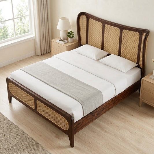 PRITI Dark Walnut Sheesham Wood King Bed with Cane Headboard