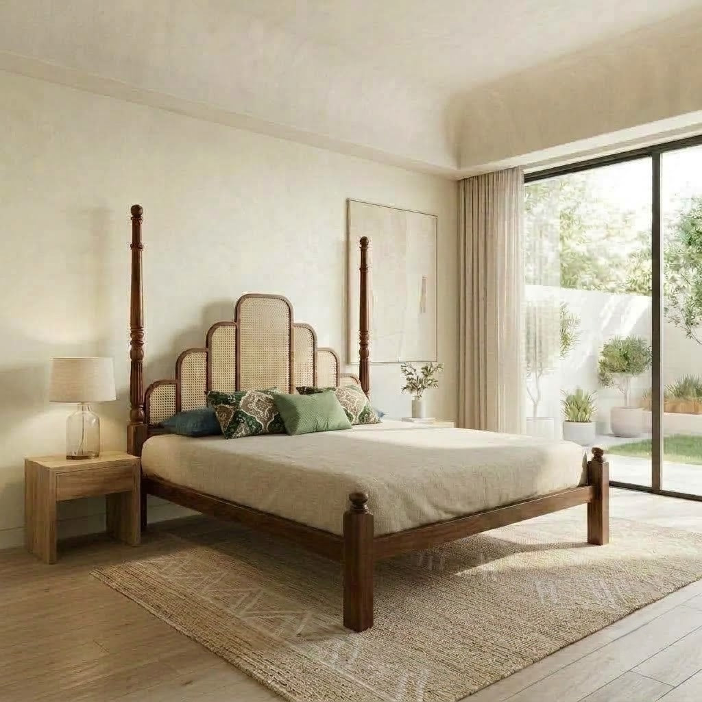 PRITI Dark Walnut Sheesham wood King size bed with cane work