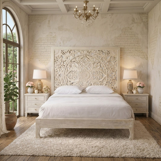 PRITI Handcrafted Solid Mango Wood Bed with Intricate Floral Hand Carving