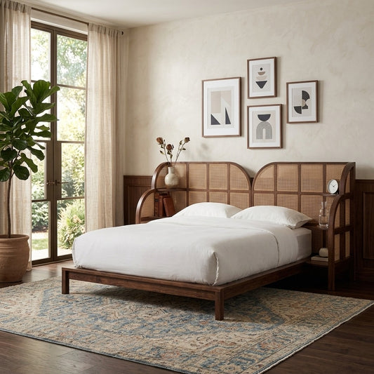 PRITI Handcrafted Solid Wood Rattan Cane Bed with Wooden Slice Design