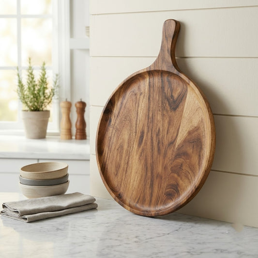 PRITI Home Rustic Round Wooden Pizza Platter with Handle