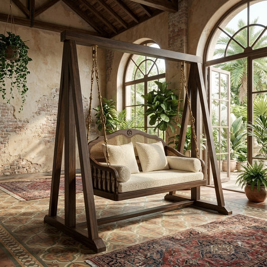 PRITI Luxury 2 Seater Sheesham Wood Swing with Crème Boucle