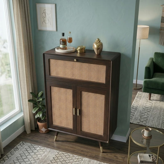 PRITI Mango Wood Rattan Cane Bar Cabinet with Glass Holder