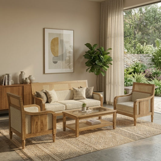 PRITI Natural Mango Wood Sofa Set 3+1+1
