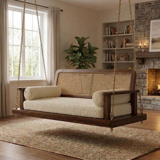 PRITI Premium 2 Seater Sheesham Wood Swing Chair with Boucle Seat