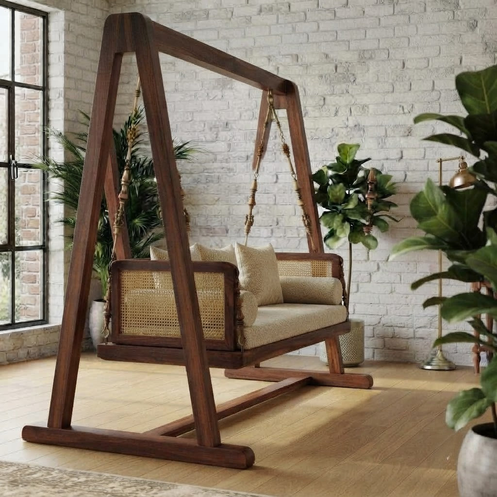 PRITI Premium Sheesham Wood Swing with Crème Boucle Upholstery