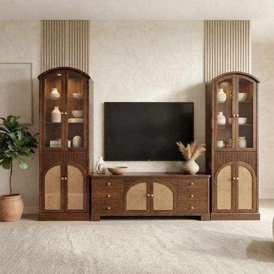 PRITI Premium Solid Wood TV Unit with Cane Panel Storage