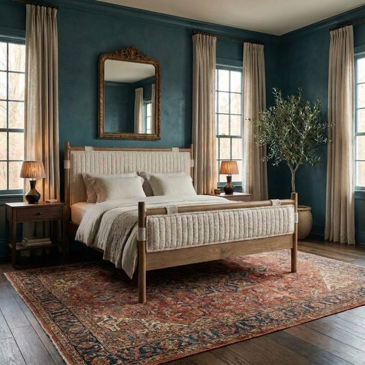 PRITI Queen Size European Ash Wood bed with Crème Boucle upholstery
