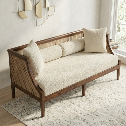 PRITI Rattan Cane Daybed Sofa with Wooden Frame | Cream Boucle 3 Seater