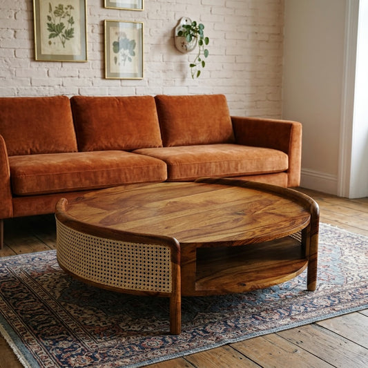 PRITI Round Sheesham Wood Coffee Table with Rattan Cane Storage Shelf