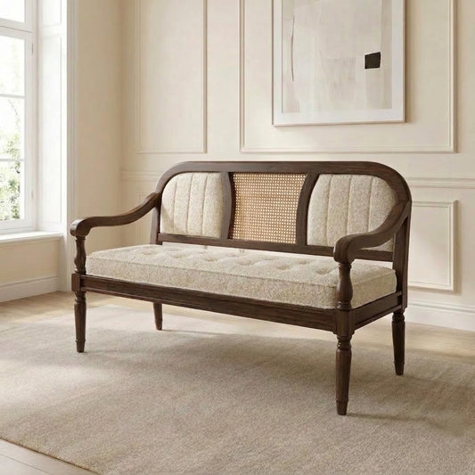 PRITI Sheesham Wood Bench with Cane Back and Crème Boucle Fabric in Dark Walnut Finish