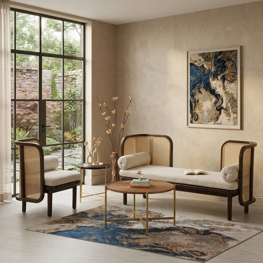 PRITI Solid Sheesham Wood 4 Seater Sofa Set with Cushioned Fabric Seating