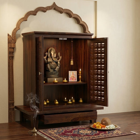 PRITI Solid Sheesham Wood Home Temple with Carved Doors & Storage Drawer