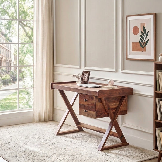 PRITI Solid Sheesham Wood Study Desk – Brown