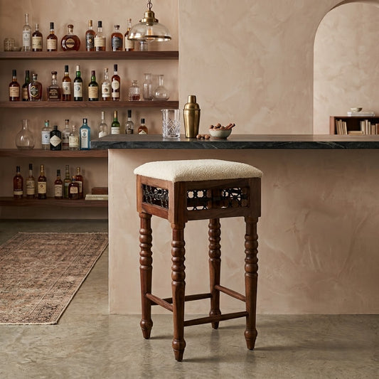 PRITI Wooden Bar Stool for Home | Sheesham Wood Upholstered Seat