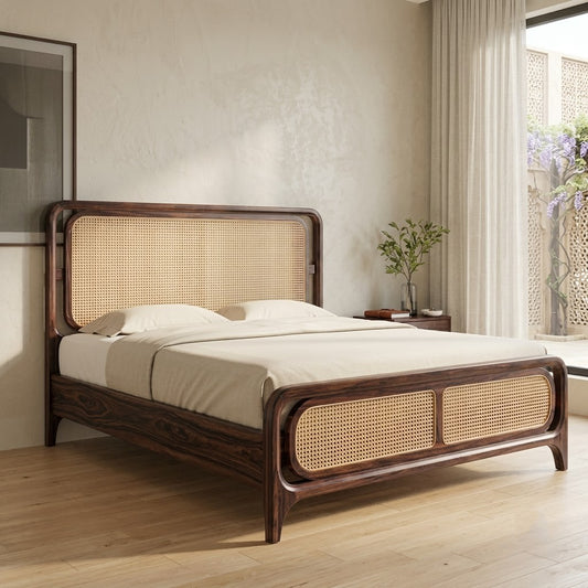 PRITI Wooden Bed with Cane Weaving Headboard | Dark Walnut