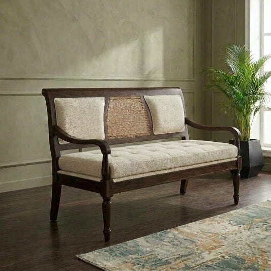 PRITI dark walnut Sheesham wood bench with crème boucle upholstery