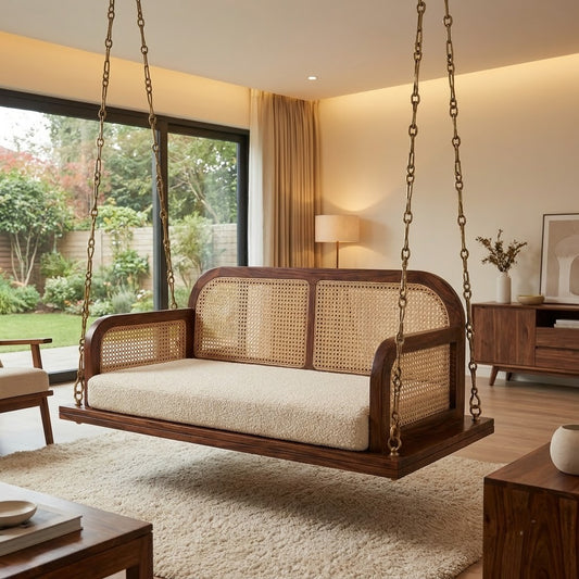 PRITI luxury wooden jhula with solid Sheesham wood frame and crème Boucle seat