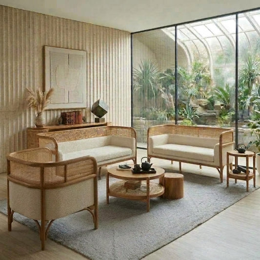 PRITI solid wood 3+2+1 sofa set with Crème Boucle