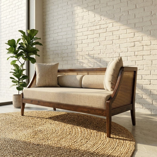 PRITI three seater Sheesham wood cane sofa with fabric upholstery