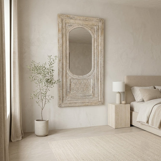 PRITI white-washed mango wood wall mirror with hand-carved frame