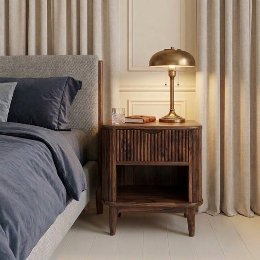Premium Sheesham wood bedroom nightstand with drawer and open storage