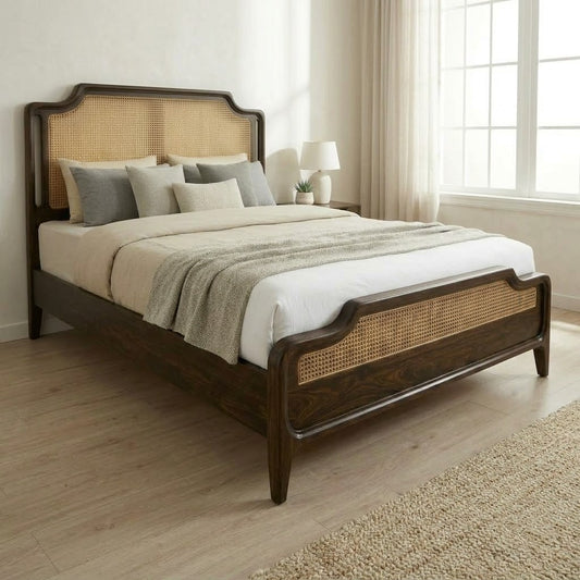 RITI Sheesham Wood Bed with Cane Headboard | King Size Walnut Finish