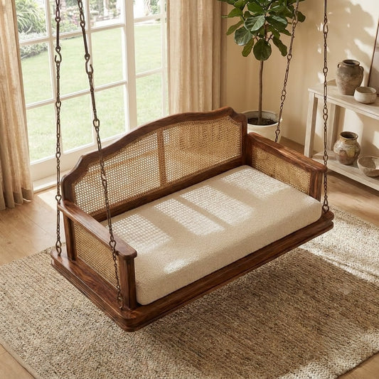 Solid Sheesham wood 2 seater Jhula for home with crème boucle upholstery