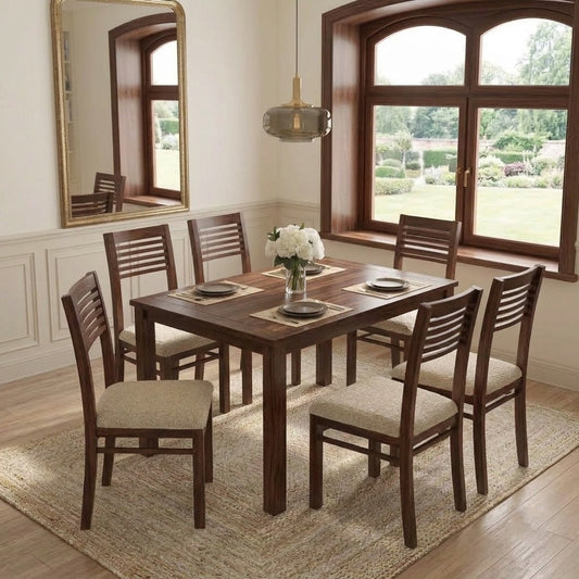 PRITI Solid Sheesham Wood 6 Seater Glass Top Dining Table Set with 6 Zella Dining Chairs in Dark Walnut Finish & Cream Boucle Fabric