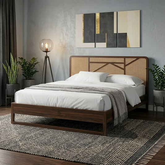 Priti Sheesham Wood & Cane Bed – Walnut