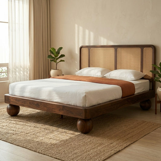 Priti Sheesham Wood Bed with Ball Shaped Legs and Cane Weaving Headboard
