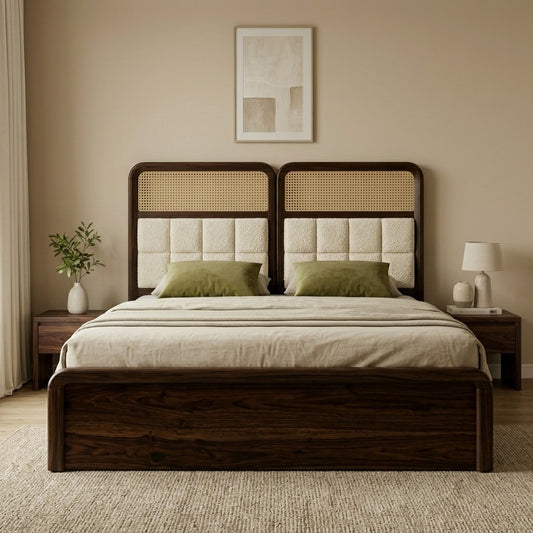 Priti Sheesham Wood Bed with Velvet Headboard