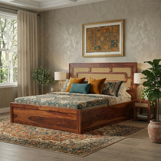 PRITI Wooden Cane King/Queen Size Bed