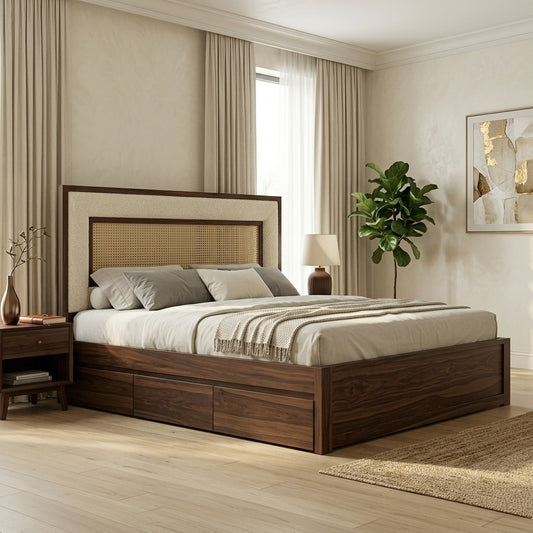 PRITI Premium Sheesham Wood Bed with Cane and Fabric Headboard