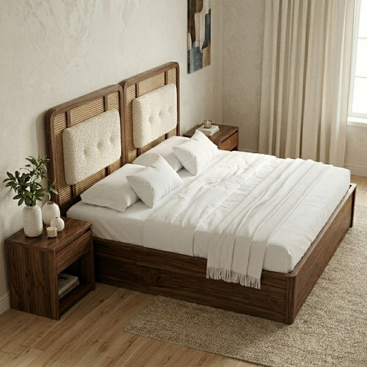 PRITI Premium Sheesham Wood Bed with Velvet Headboard