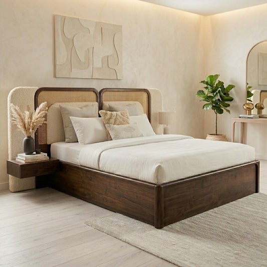 PRITI Sheesham Wood Bed with Velvet Headboard